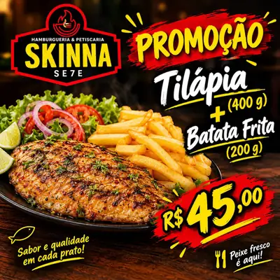 Arte da promoção de tilápia com batata frita